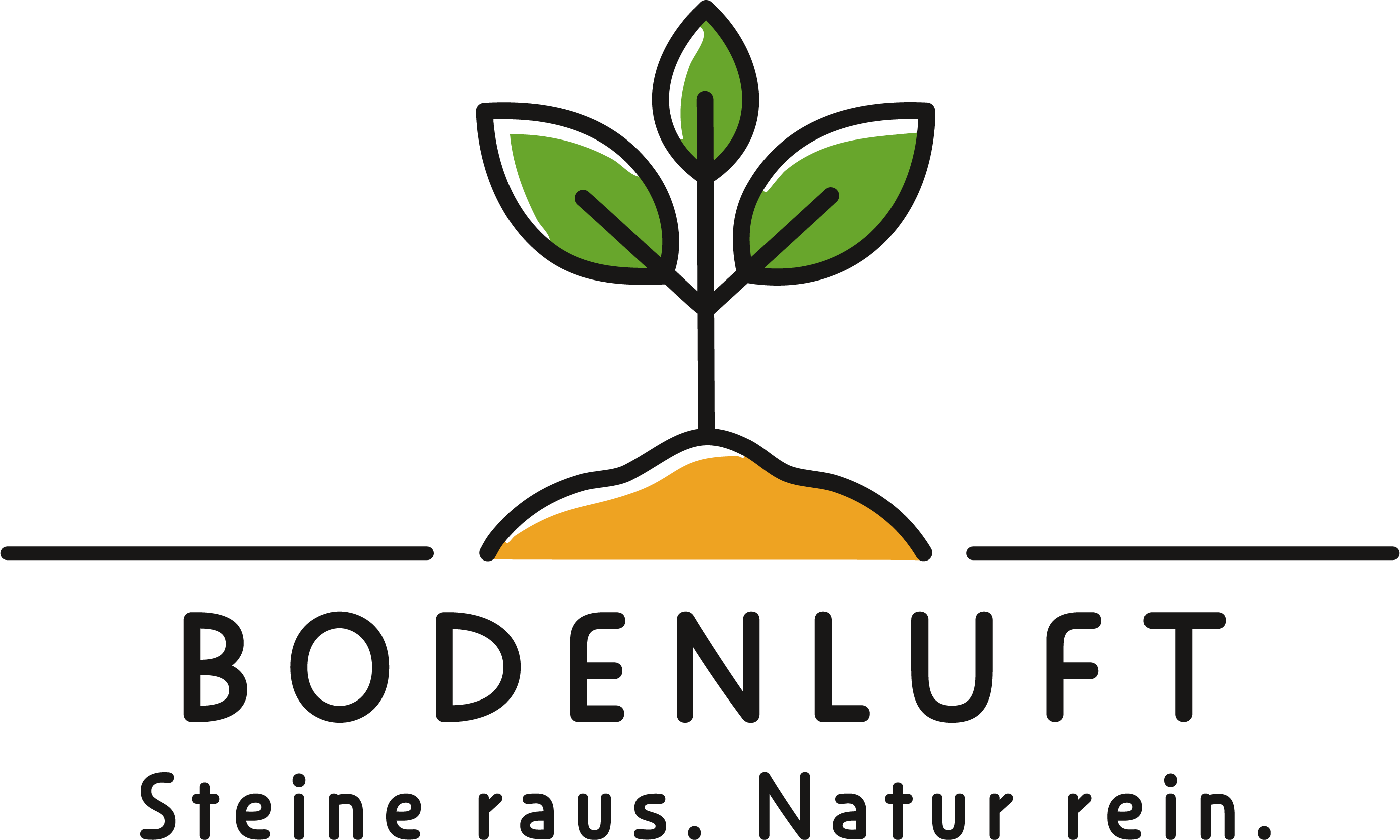 Bodenluft Logo mit dem Slogan „Steine raus. Natur rein.“, zeigt ein stilisiertes Pflänzchen über einer Erdschicht.