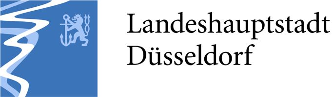Logo der Landeshauptstadt Düsseldorf mit stilisiertem Rhein und einem Löwen.